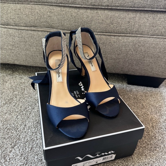 Nina Dark Blue Satin Heels with Sparkling Ankle Strap - Picture 1 of 5
